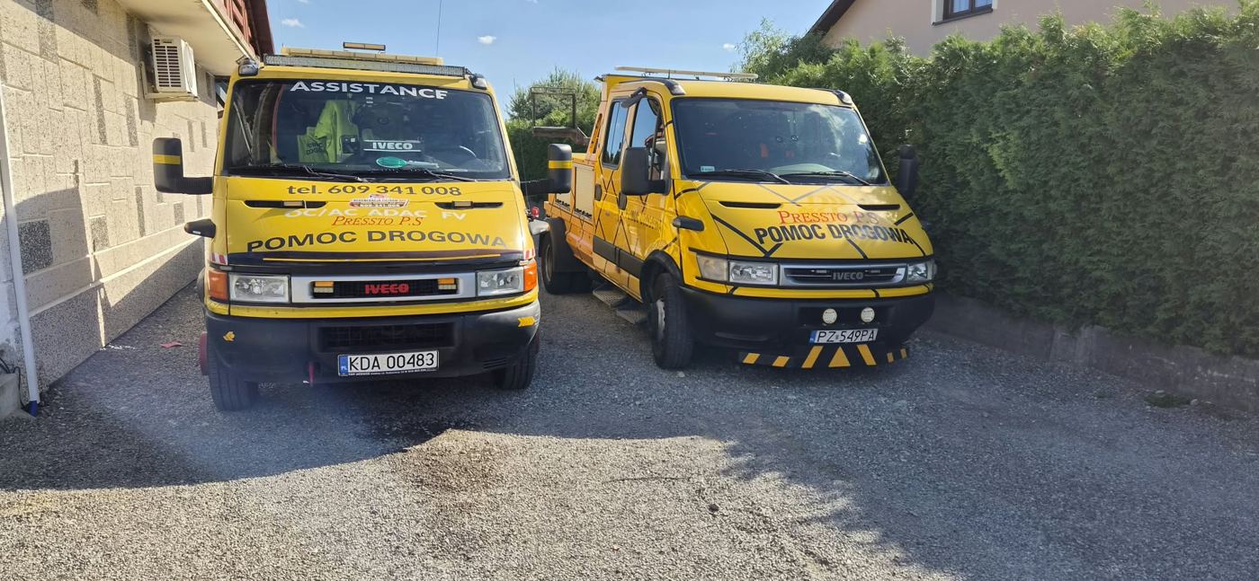 Flota pomocy drogowej 24h PRESSTO Dąbrowa Tarnowska - dwie żółte autolawety Iveco